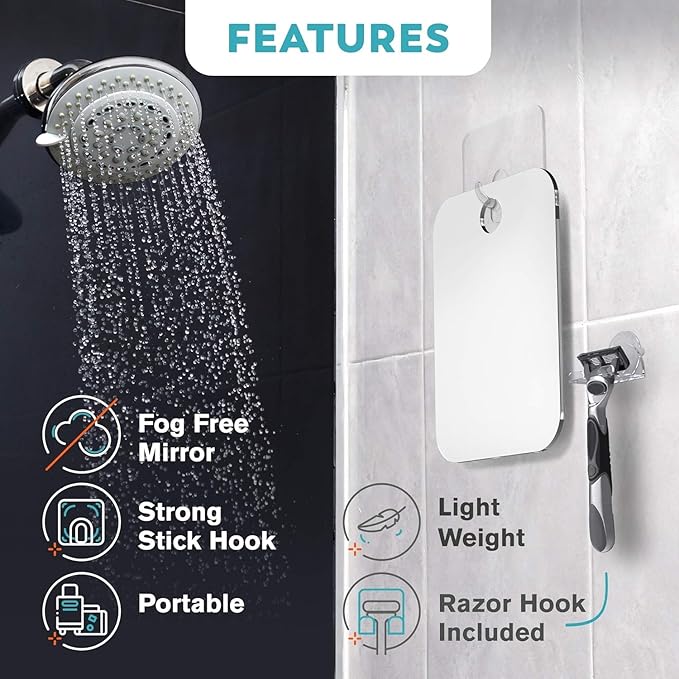 HONEYBULL Fogless Shower Mirror for Shaving – Anti-Fog Acrylic Mirror with Razor Holder, No-Drill Wall Mount, Flat Design for Steam Showers, Large 8x10in