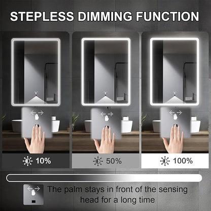LED Bathroom Mirror, 20x28 in Vanity Mirrors with Backlit Lights for Shaving, Fogless Makeup Mirror Wall Mounted with Demister, Dimmable 3 Color Lighting, IP54, Hand Swipe, Vertically Only