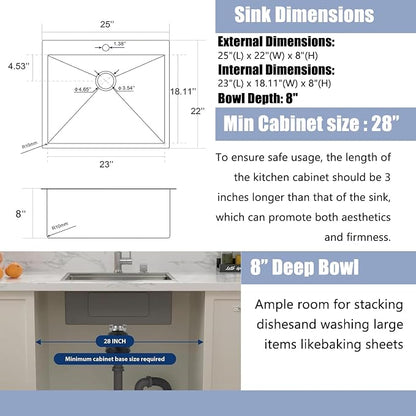 25 x 22 Inch Drop In Kitchen Sink, Topmount Stainless Steel Brushed Nickel Single Bowl Kitchen Sink, Extra-thick 16 Gauge For RV Laundry Utility with Dish Grid and Basket Strainer