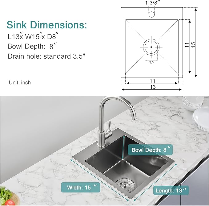 Black Topmount Kitchen Sink - 13”×15” Single Bowl Sink