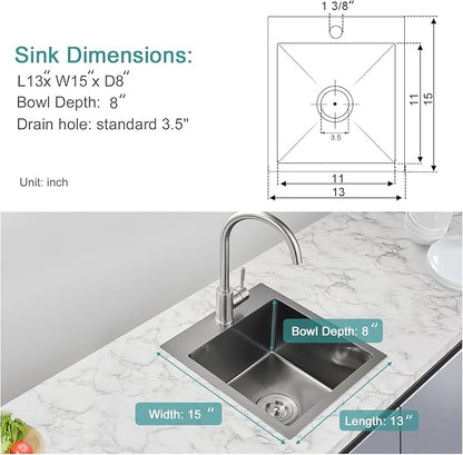 Black Topmount Kitchen Sink - 13”×15” Single Bowl Sink