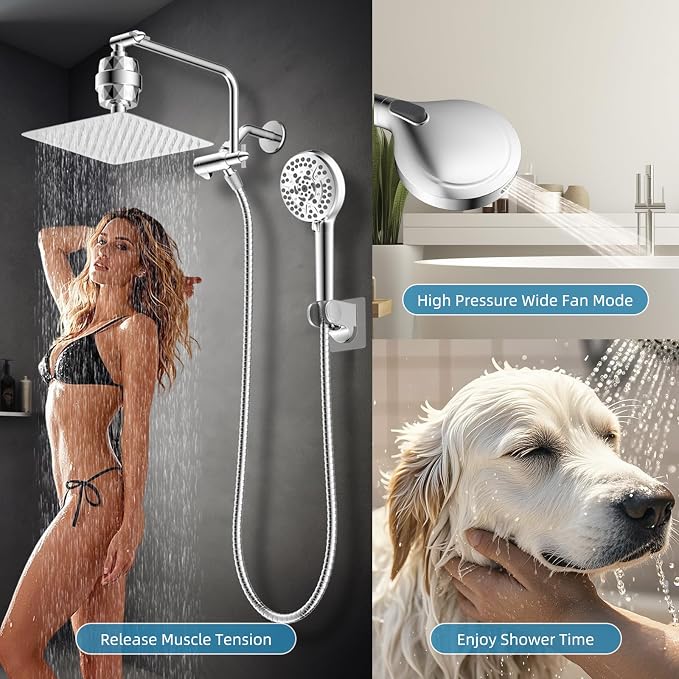 10" Metal Filtered Shower Head with 10-Mode Handheld, Chrome | NSF/ANSI/CAN 372 Certified, High Pressure Showerhead Combo, 20 Stage Shower Filter, 11" Shower Arm, 71" Hose, Shower Holder
