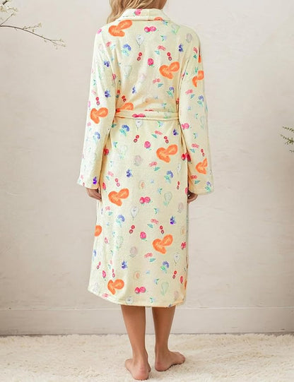 Women Fleece Fruit Print Robe Cute Robes for Women Spring Summer Lightweight Bathrobe Soft Flannel Gown with Belt