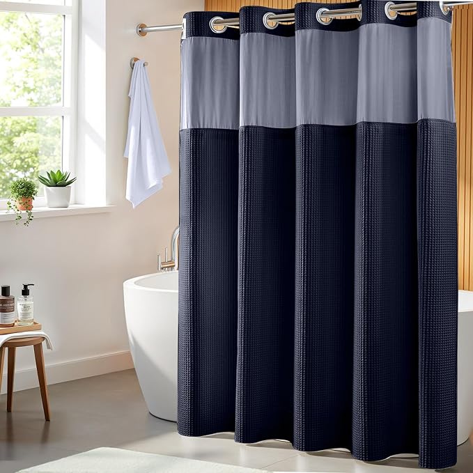 River Dream Cotton Blend Fabric Shower Curtain Set with Liner, Navy, 71x74 | Waffle Weave, No Hook Needed, with Snap in Replacement Liner, Top Sheer Window, Hotel Quality Fabric for Bathroom