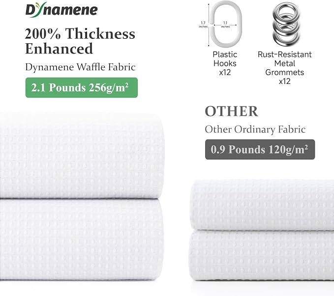 Waffle Shower Curtain 256 GSM Heavy Duty Fabric 72"x72" White | Thick Textured Cloth, Weighted Hem, Water Repellent Washable, Hotel Luxury Polyester Shower Curtain Set for Bathroom 12 Hooks