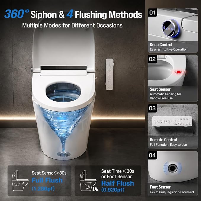 Smart Toilet with Bidet Built in, Tankless Smart Toilet 12 Inch Rough In, Auto Open and Close Lid, Heated Seat, Warm Air Dryer, Foot Sensor Operation, LED Display & Night Light, 1000g MaP