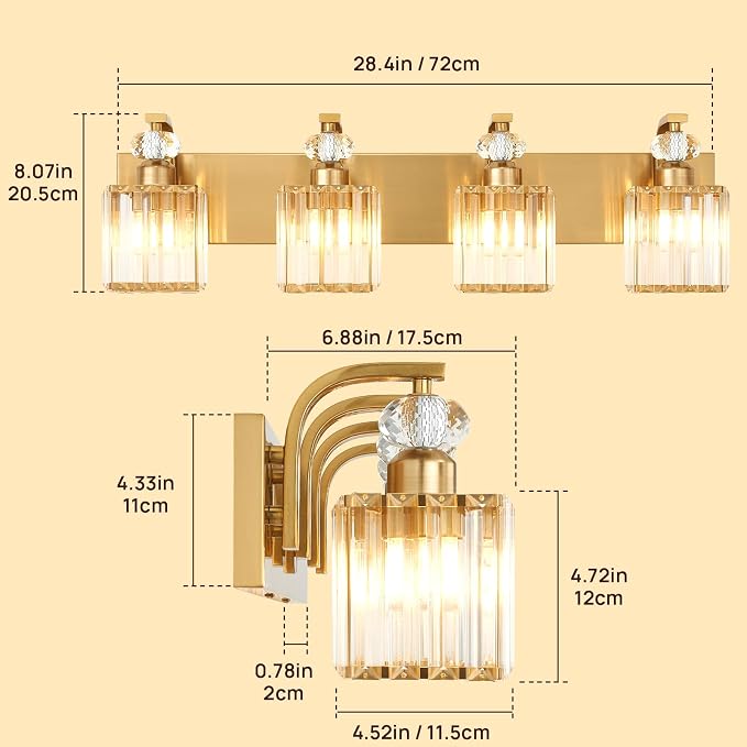 Modern Bathroom Vanity Light, 4-Light Gold Bathroom Lighting Fixtures Over Mirror, 28.4" Crystal Wall Light Sconce for Bathroom/Bedroom/Vanity, Includes LED Bulbs, Easy Installation