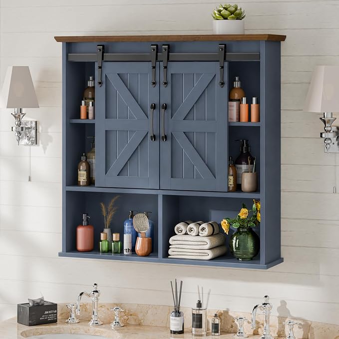Vabches Bathroom Wall Cabinet, Farmhouse Medicine Cabinet, Navy Blue | Wooden Vintage Storage Cabinet Wall Mounted with Double Sliding Barn Door and Adjustable Shelf for Bathroom, Kitchen