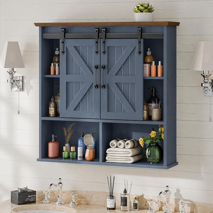 Vabches Bathroom Wall Cabinet, Farmhouse Medicine Cabinet, Navy Blue | Wooden Vintage Storage Cabinet Wall Mounted with Double Sliding Barn Door and Adjustable Shelf for Bathroom, Kitchen
