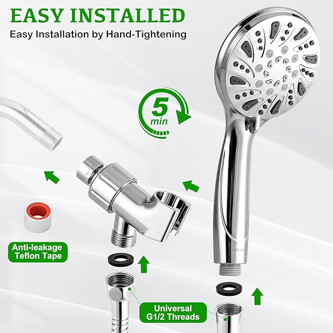 OHDAY® High Pressure Shower Head with Handheld Built-in Power Wash 6-Mode | Powerful Showerhead with 70'' Stainless Steel Hose,Adjustable Bracket,Power Wash for Tub,Tile,Pet & Bathroom Corner
