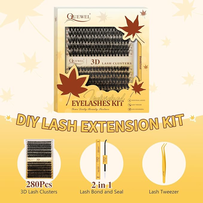 QUEWEL Lash Clusters Kit, 280Pcs 80D+100D Lash Cluster Eyelash Extensions | 10-18mm Lash Clusters Kit with Lash Bond and Seal and Lashes Tweezers Easy DIY at Home (80+100D 3D Kit)
