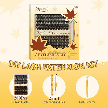 QUEWEL Lash Clusters Kit, 280Pcs 80D+100D Lash Cluster Eyelash Extensions | 10-18mm Lash Clusters Kit with Lash Bond and Seal and Lashes Tweezers Easy DIY at Home (80+100D 3D Kit)