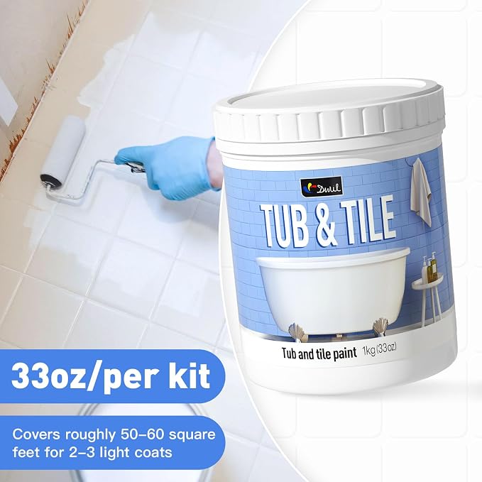 DWIL Tub Paint, Tub and Tile Refinishing Kit 33oz with Tools, Tile Refinishing Kit White Bathtub Paint Water Based &Low Odor, Easy to Use Sink for Bathroom Kitchen, Semi-Gloss White, 50-55sq.ft