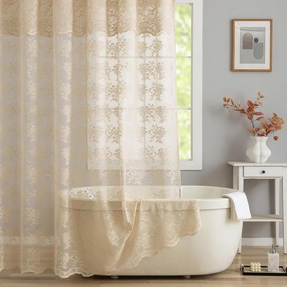TUDECO Beige Lace Shower Curtain with Attached Valance, 72 x 72 Inch | Antique Vintage, Floral Pattern, Tan Bathroom Curtain, Scalloped Edges, Light Filtering, Soft Privacy, Reinforced Holes