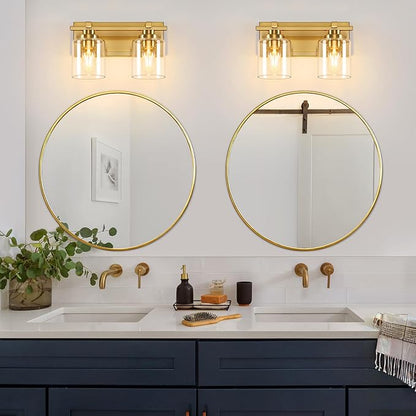 2 Light Modern Bathroom Light Fixtures Over Mirror, Brass Finish Vanity Lights for Bathroom Wall Sconces with Clear Glass Shades, E26 Socket (Bulbs Not Included)