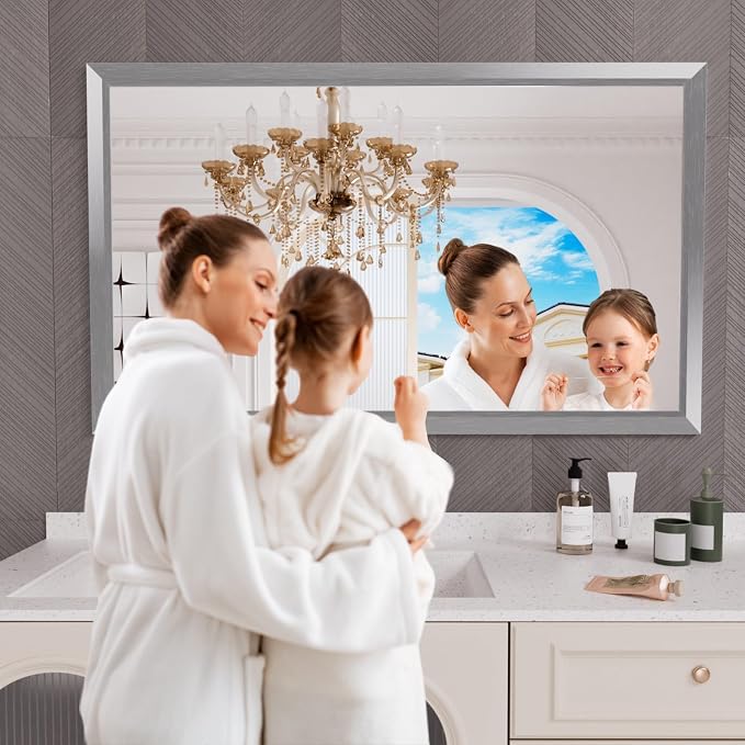Bathroom Mirror for Wall, 60x36 Inch (Brushed Silver) | HD Reflection, Tempered Glass, Thick Metal Framed Rectangle Mirrors for Over Sink, Bedroom, Living Room, Entryway, Anti-Rust