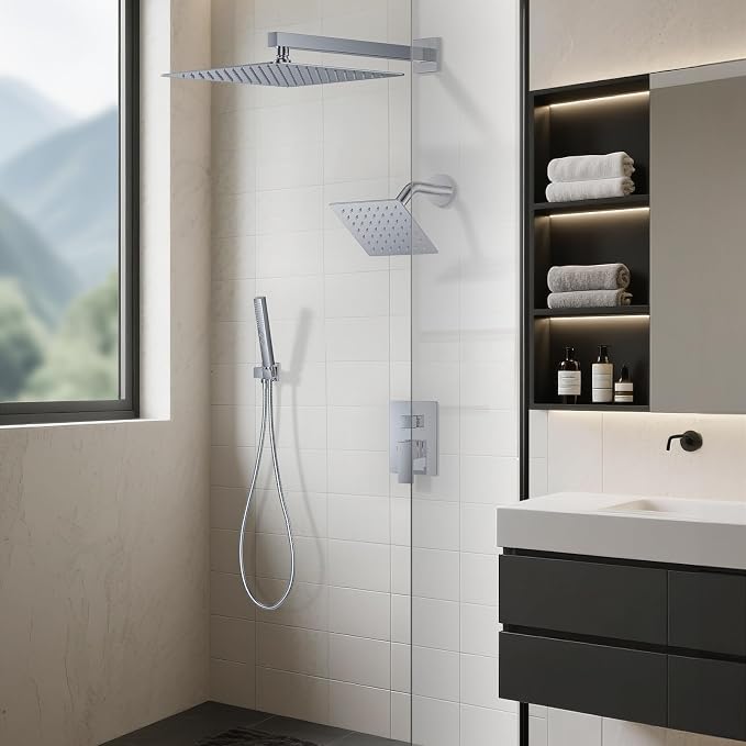 Rain Shower System 12" & 6" Dual Shower Heads, Wall Mount Shower Faucet Set | Ideal for bathroom remodels and upgrades with 12" rain shower, 6" angled shower, handheld spray and complete valve kit.