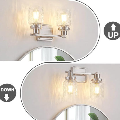 2 Light Bathroom Vanity Light Fixtures Modern Brushed Nickel | ETL Certificate, Easy to Install,Wall Mount Up or Down,Hammered Glass Lampshade,E26 Socket,Hardwired,120V
