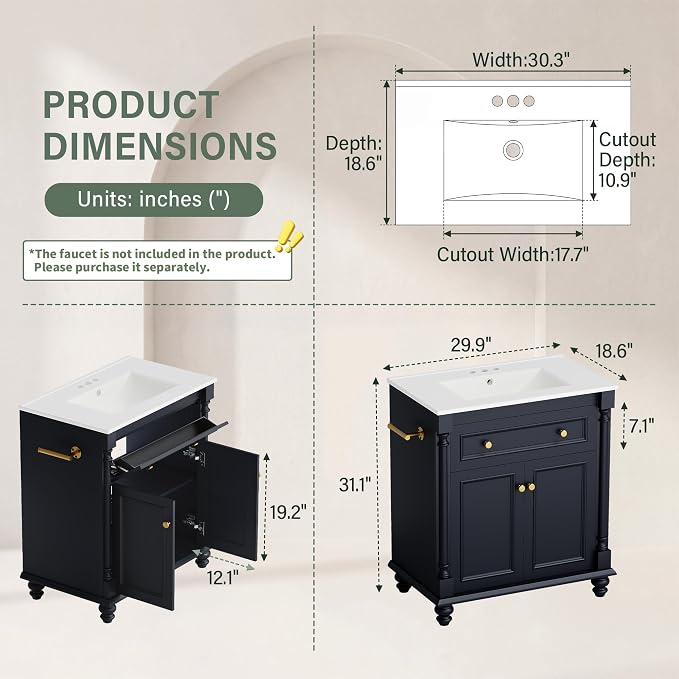 YESHOMY 30" Bathroom Vanity with Sink, Bathroom Storage Cabinet | Bathroom Vanity, Solid Wood, Integrated Ceramic Basin, 1 Flip-Down Drawer, 2 Doors & Adjustable Shelf, Dark Blue