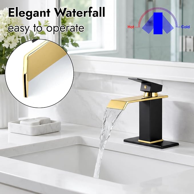 Midanya Waterfall Bathroom Sink Faucet 1 Hole,Matte Black and Shiny Gold | with cUPC Hoses,Pop Up Drain,Deck Plate,for 1 or 3 hole sink,Vanity,RV,Lavatory,Basin,Farmhouse,Stainless Steel,Single Handle