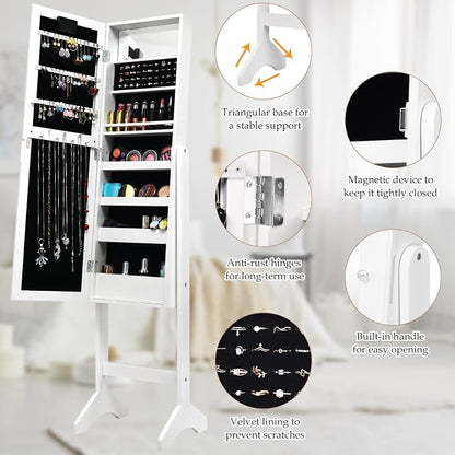 Moccha 18 LEDs Standing Jewelry Armoire, Large Lockable Jewelry Organizer, Mirrored Jewelry Cabinet with Full Length Mirror, 1 Inside Makeup Mirror, 4 Storage Shelves, 16 Lipstick Holders, White
