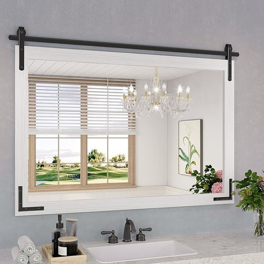 Farmhouse Bathroom Mirror, 40x30 Inch White Vanity Mirror for Wall, Wood Framed Rustic Mirror Rectangular Wall Decor Mirrors for Entryway Living Room Bedroom
