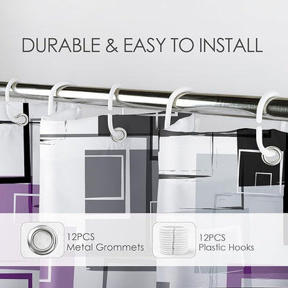 Purple Geometric Modern Shower Curtain for Bathroom,Grey Black and White Abstract Striped Shower Curtain with Hooks Mid Century Minimalist Bathroom Shower Curtain Set,78L X 72W inches