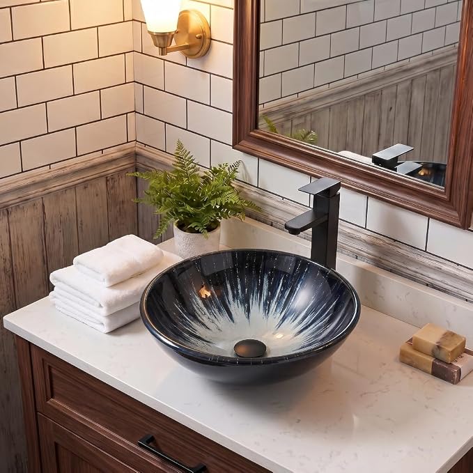 Bathroom Artistic Sink, Tempered Glass Vanity Round Bowl, Midnight Blue | Black Faucet, Pop Up Drain, Above Counter, Easy Clean