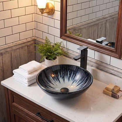 Bathroom Artistic Sink, Tempered Glass Vanity Round Bowl, Midnight Blue | Black Faucet, Pop Up Drain, Above Counter, Easy Clean