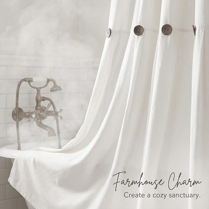 Farmhouse Shower Curtain Linen Button White 72" W x 72" L | Farmhouse Style, Chic Button, Striped, Linen Fabric, Rustic, Country, Natural Look, Washable, for Bathroom Bathtub