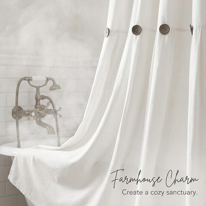 Farmhouse Shower Curtain Linen Button White 72" W x 72" L | Farmhouse Style, Chic Button, Striped, Linen Fabric, Rustic, Country, Natural Look, Washable, for Bathroom Bathtub