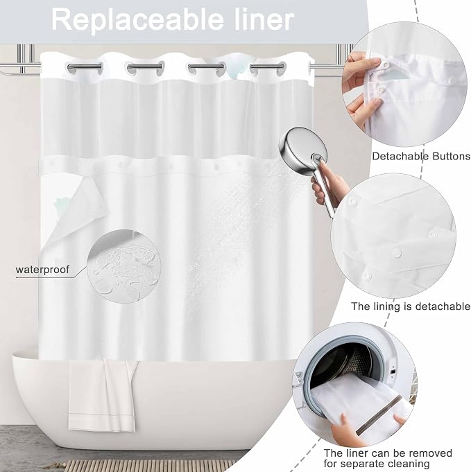 No Hook Shower Curtain and Liner Set, Light Blue Boho Floral 71x77 | Watercolor Boho Flower, with Snap in Liner, Mesh Top Window, Waterproof, Machine Washable, Quick-Drying, for Hotel Bathroom