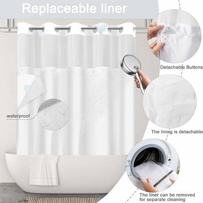 No Hook Shower Curtain and Liner Set, Light Blue Boho Floral 71x77 | Watercolor Boho Flower, with Snap in Liner, Mesh Top Window, Waterproof, Machine Washable, Quick-Drying, for Hotel Bathroom