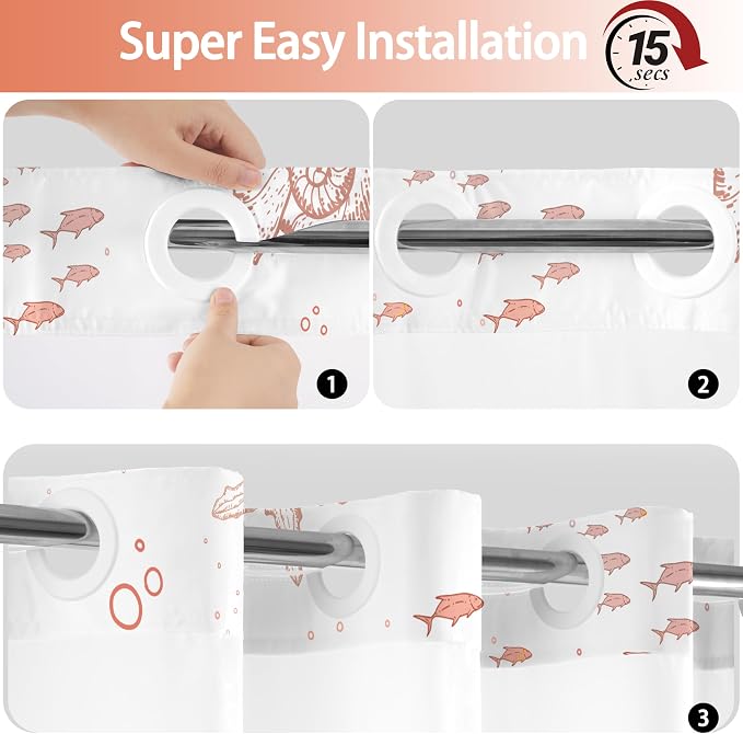 No Hook Shower Curtain and Liner Set, Coral Beach Coastal 71x74 | Nautical Ocean for Bathroom, with Snap in Liner Replacement, Mesh Top Window, Waterproof, Machine Washable, Quick-Drying
