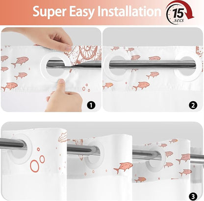 No Hook Shower Curtain and Liner Set, Coral Beach Coastal 71x74 | Nautical Ocean for Bathroom, with Snap in Liner Replacement, Mesh Top Window, Waterproof, Machine Washable, Quick-Drying