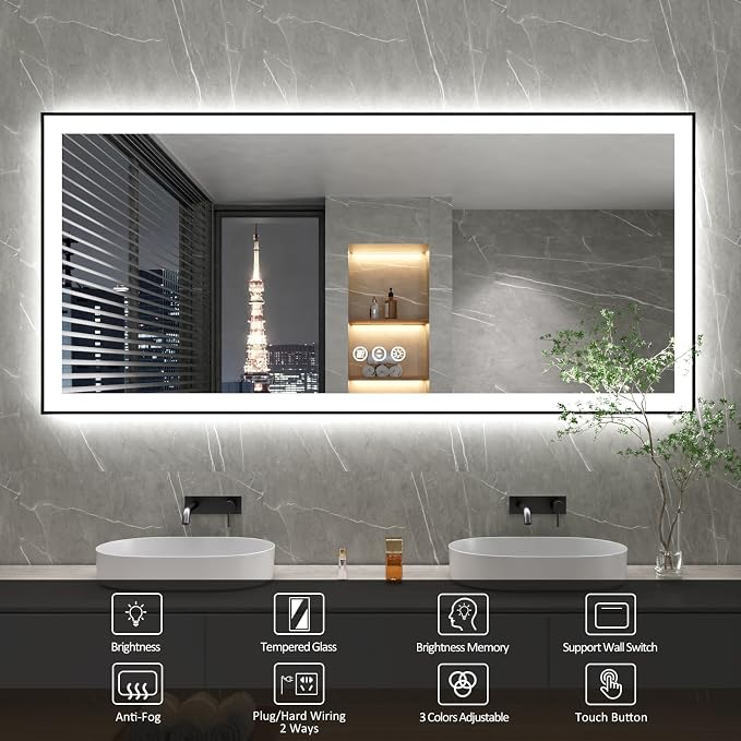 60x28 Inch LED Bathroom Mirror with Black Frame | Black Metal Frame, Front and Backlit, 3 Colors, Dimmable, Memory, Anti Fog, Tempered Glass, Lighted Mirror for Wall