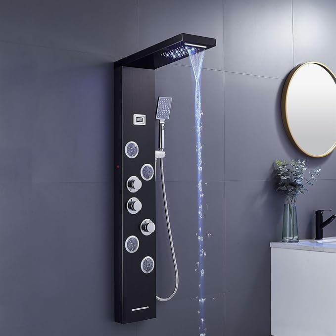 MENATT LED Shower Panels Tower System, SUS304 Stainless Steel Bathroom Shower Panel System with 4 Body Jets, Rainfall, Waterfall, Handheld Shower, Tub Faucet (Black)