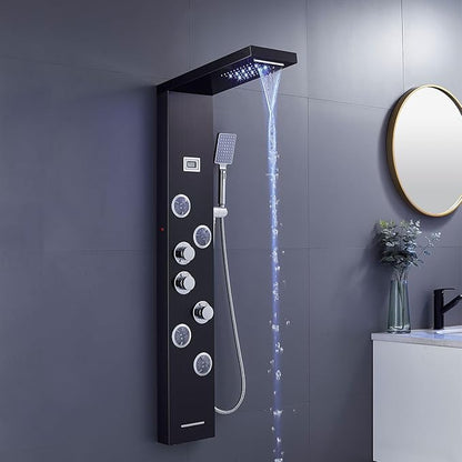 MENATT LED Shower Panels Tower System, SUS304 Stainless Steel Bathroom Shower Panel System with 4 Body Jets, Rainfall, Waterfall, Handheld Shower, Tub Faucet (Black)