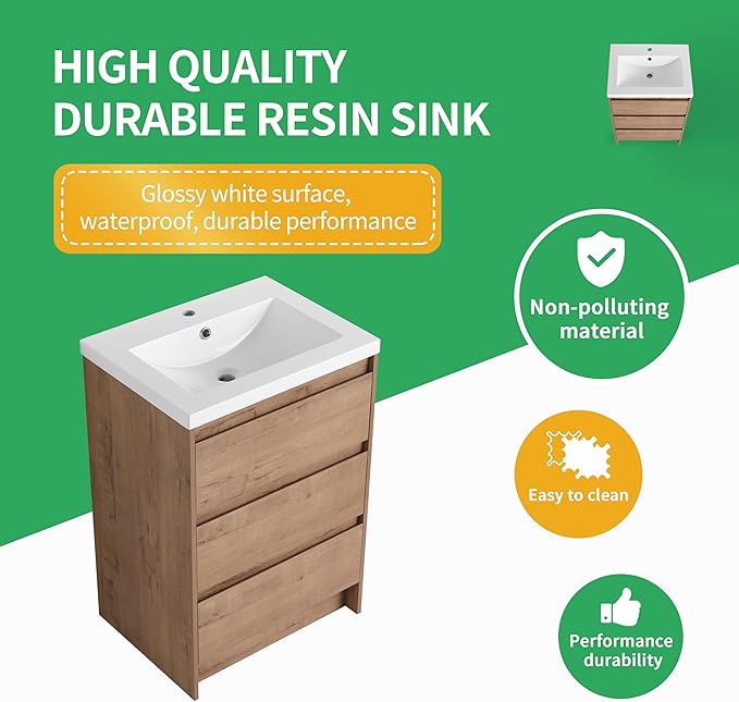 24" Bathroom Vanity with Sink, 24 Inch Freestanding Vanity with 3 Drawers, Single Resin Sink Floor Stand Cabinet Set Imitative Oak (Space-Saving for Small Bathrooms)