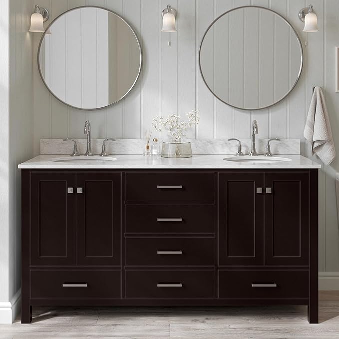ARIEL Cambridge 66-inch Bathroom Vanity with Sink,Solid Wood, 0.75-inch Italian Carrara Marble Countertop, Double Rectangular Porcelain Sink, 4 Soft Closing Doors, 6 Dovetail Drawers, Espresso