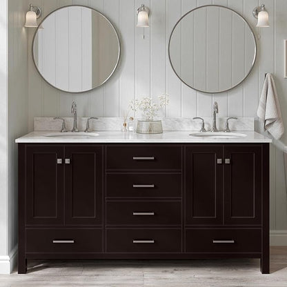 ARIEL Cambridge 66-inch Bathroom Vanity with Sink,Solid Wood, 0.75-inch Italian Carrara Marble Countertop, Double Rectangular Porcelain Sink, 4 Soft Closing Doors, 6 Dovetail Drawers, Espresso