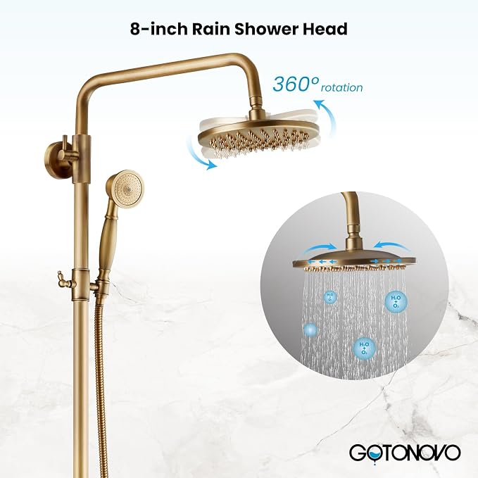 gotonovo Exposed Shower System with Shelf 2 Cross Handle Antique Brass | Bathroom Brass Shower Faucet Set,8’’ Rainfall Head with Handheld Sprayer,SUS304 Shelf,6’’ Hole Distance,Adjustable Height