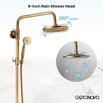 gotonovo Exposed Shower System with Shelf 2 Cross Handle Antique Brass | Bathroom Brass Shower Faucet Set,8’’ Rainfall Head with Handheld Sprayer,SUS304 Shelf,6’’ Hole Distance,Adjustable Height