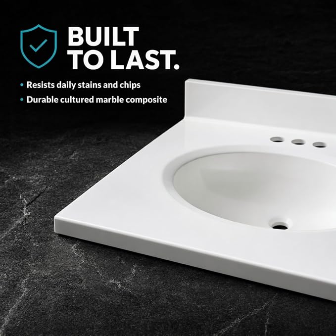 Cultured Marble Composite Bathroom Sink Top - Fits Standard 30” Vanity | Elegant and Durable Bathroom Sinks for Modern Homes - Upgrade Your Space - Perfect for Any Bathroom Design