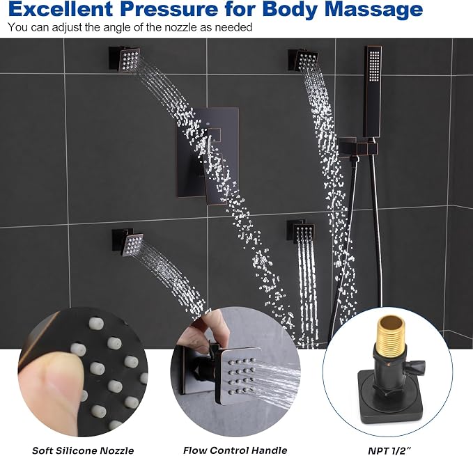 ENGA Oil Rubbed Bronze Shower System with Body Jets, 2 In 1 Functions Ceiling Mount 14x20inch LED Shower Head with 4 Body Jets, Rainfall Waterfall Shower Faucet Set