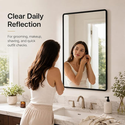 pertetey 60 x 40 in Rounded Rectangle Bathroom Mirror | Black Metal Frame, Tempered Glass, Wall Mounted
