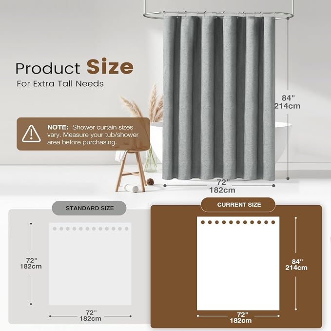 BTTN 72x84 Tall 3 in 1 Linen Texture Shower Curtain with Liner, Grey/Gray | Long Size, 230GSM Heavy Duty Polyester, Waterproof Clear Liner, Weighted Hem, 12 Plastic Hooks, Hotel Style, Machine Washable