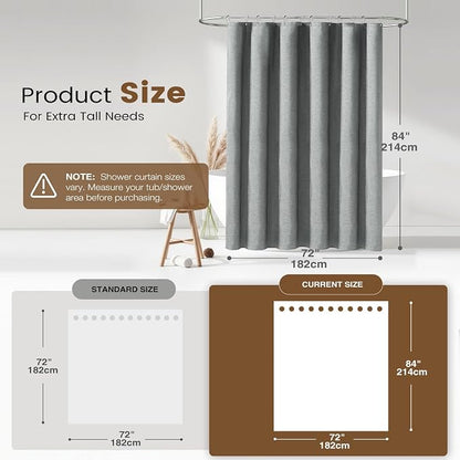 BTTN 72x84 Tall 3 in 1 Linen Texture Shower Curtain with Liner, Grey/Gray | Long Size, 230GSM Heavy Duty Polyester, Waterproof Clear Liner, Weighted Hem, 12 Plastic Hooks, Hotel Style, Machine Washable