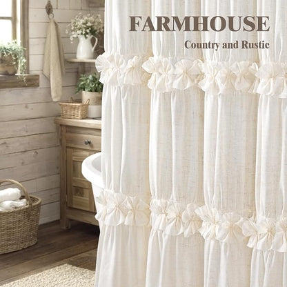 Ruffle Farmhouse Linen Shower Curtain with Vintage Bow Cream 72" W x 84" H | Linen Blend Fabric, Ruffle Bow and Ruffled Hem，Linen Texture，Machine Washable，12 Metal Holes and Plastic Hooks