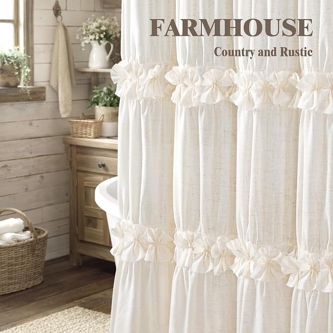 Ruffle Farmhouse Linen Shower Curtain with Vintage Bow Green 72"W x 78"H | Linen Blend Fabric, Ruffle Bow and Ruffled Hem，Linen Texture，Machine Washable，12 Metal Holes and Plastic Hooks